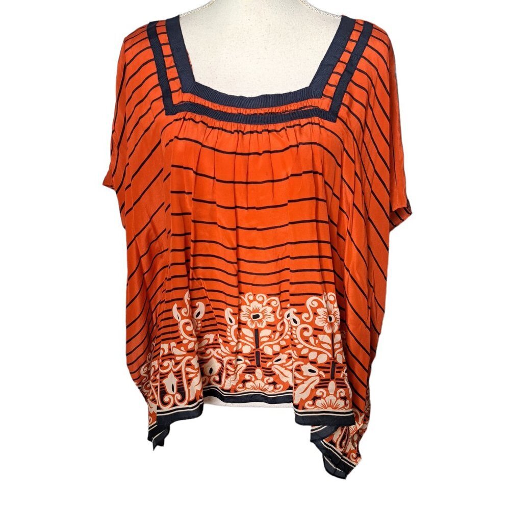 Anthropologie Edme & Esyllie Blue & Orange Silk Lightweight Poncho Blouse Small